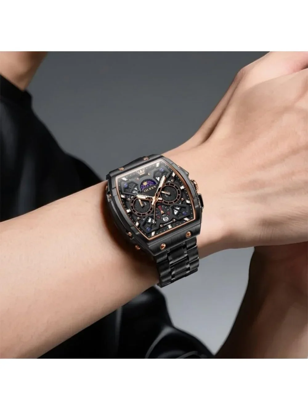 Men's Black Chronograph Big Square Analog Stainless Steel Date Wrist Watch